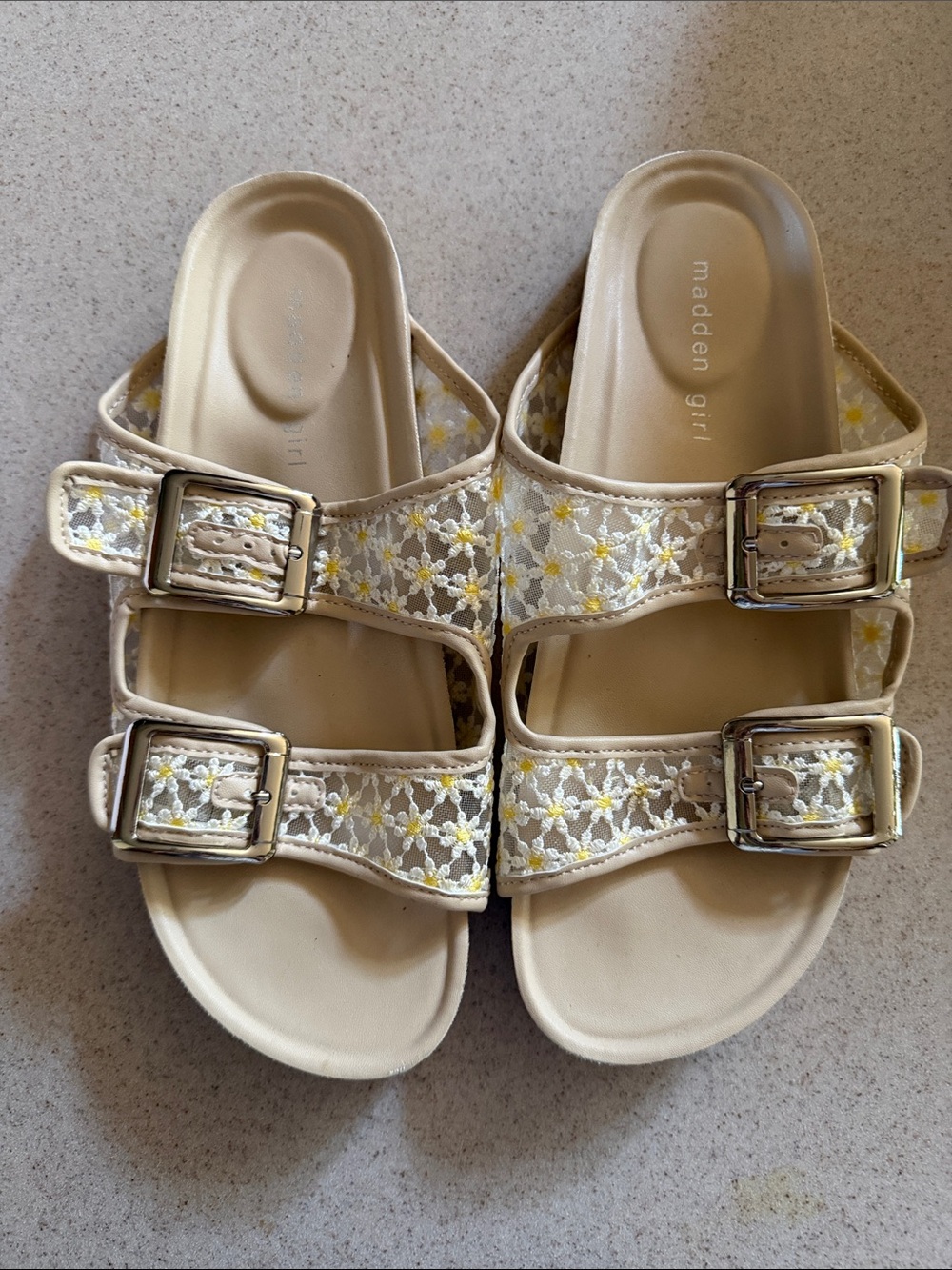 Madden Girl Beige Floral Double Buckle Slide Sandals